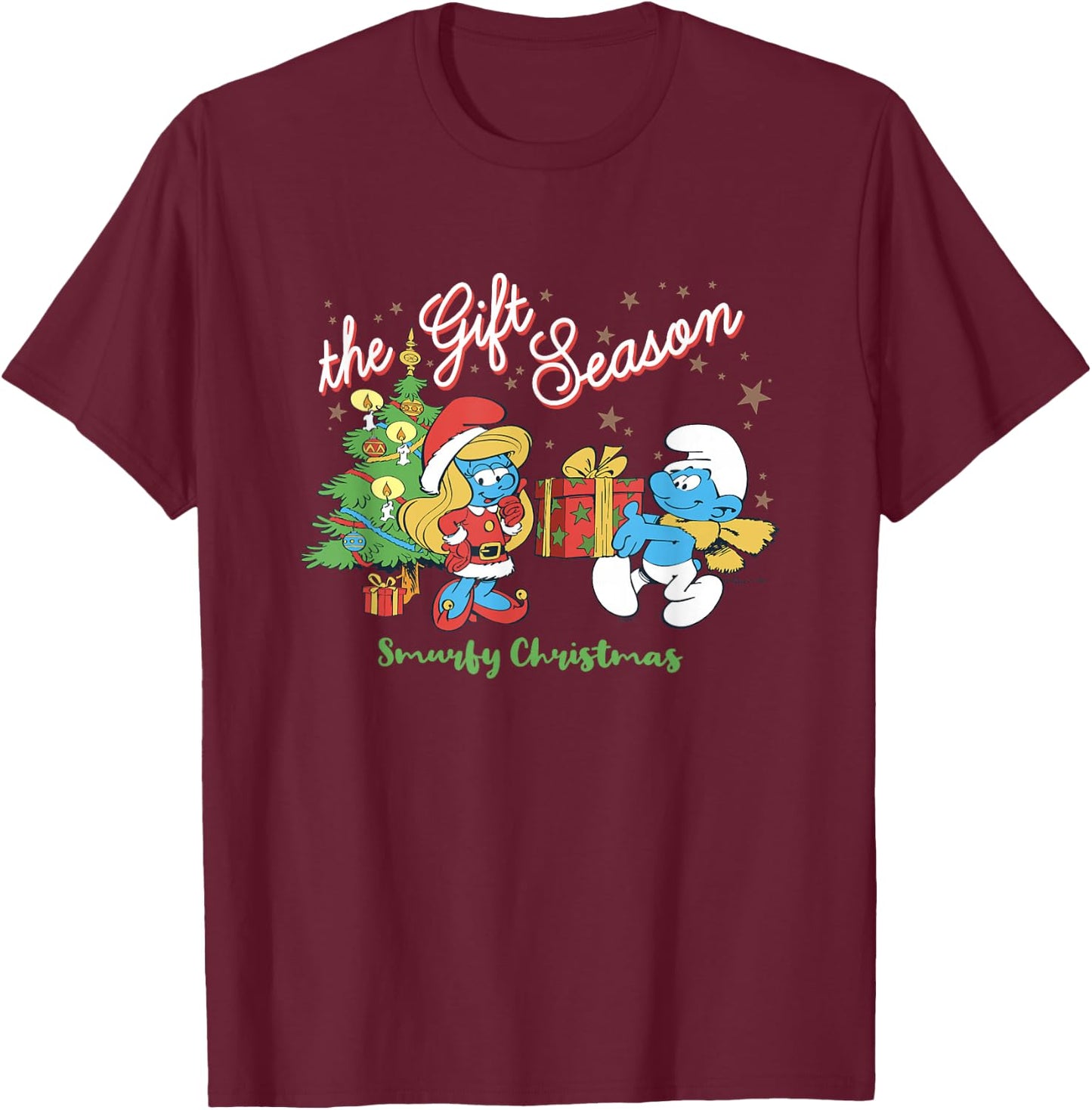 The Smurfs Christmas The Gift Season Smurfette & Jokey T-Shirt - T-Shirt | Maroon