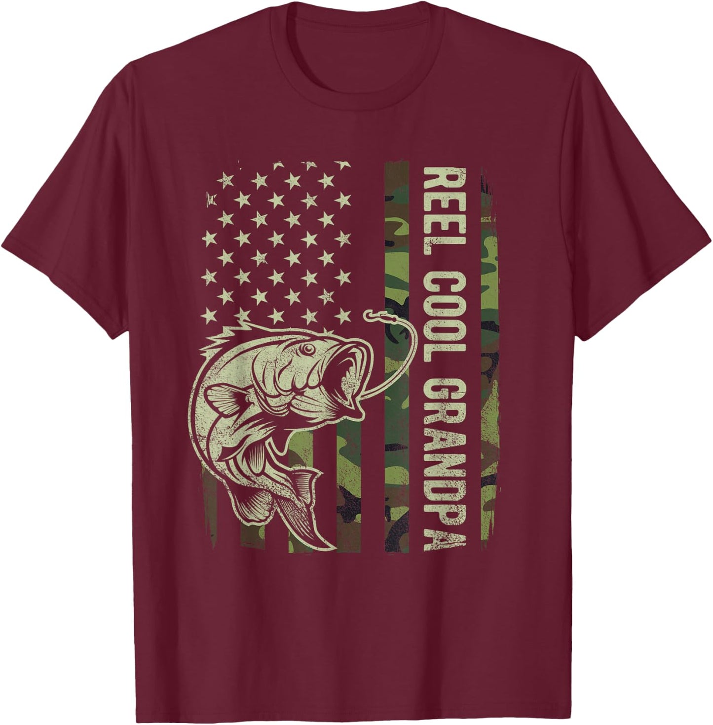 Reel Cool Grandpa Camouflage American Flag Fathers Day T-Shirt - T-Shirt | Maroon