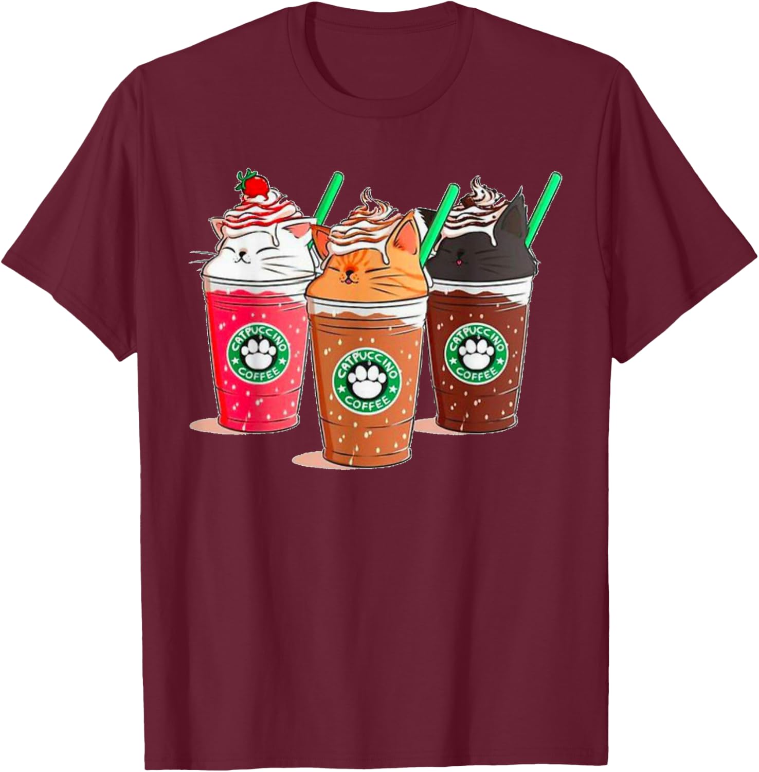 Kawaii Cat Catpuccino T-Shirt - T-Shirt | Maroon