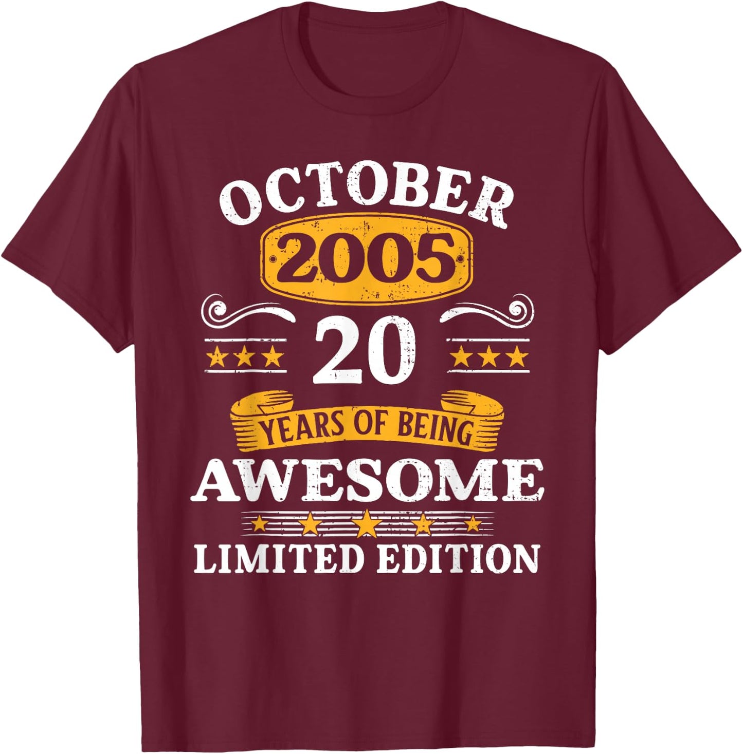20 Years Old Awesome Since October 2005 20th Birthday Gifts T-Shirt - T-Shirt | Maroon