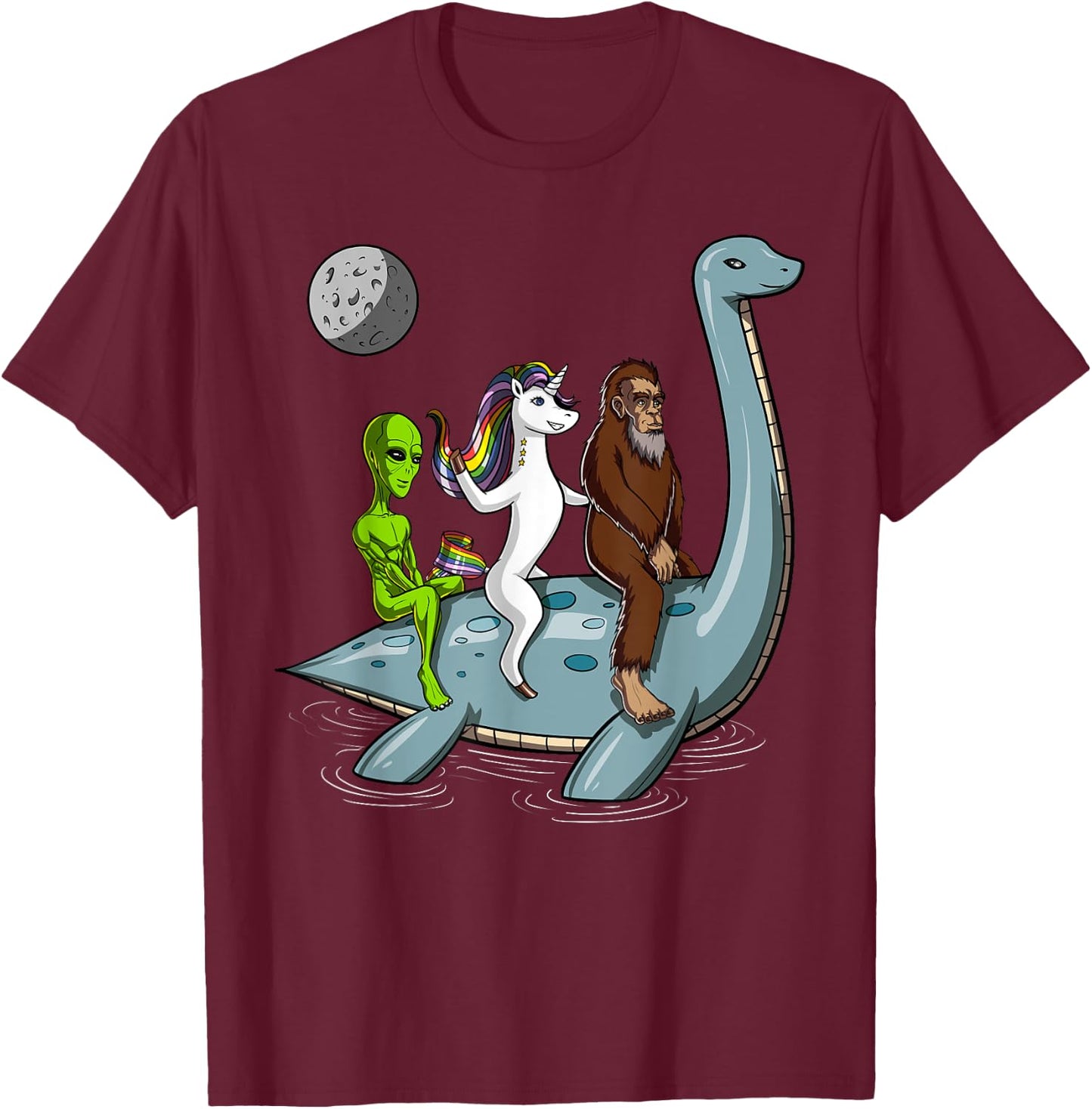 Alien Bigfoot Unicorn Riding Loch Ness Monster Cryptozoology T-Shirt - T-Shirt | Maroon