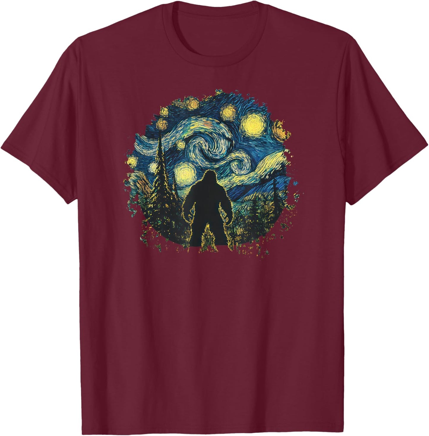 Bigfoot Starry Night Sasquatch Sky Painting Art Graphic T-Shirt - T-Shirt | Maroon