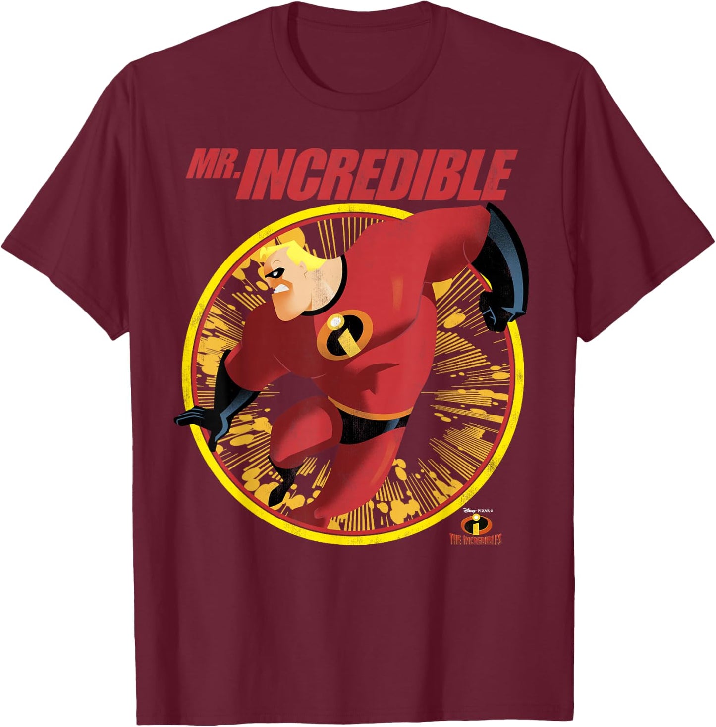 Disney Pixar The Incredibles Mr. Incredible Distressed Badge T-Shirt - T-Shirt | Maroon