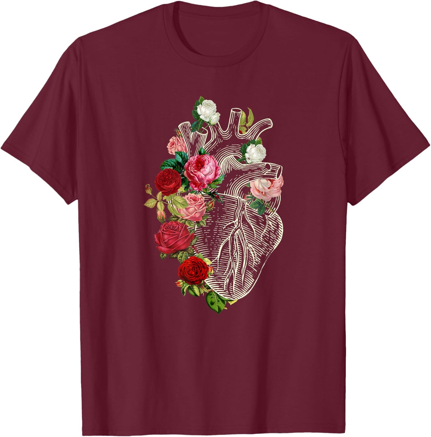 Anatomical Heart Floral Organ Cardiology Cardiac Nurse T-Shirt - T-Shirt | Maroon