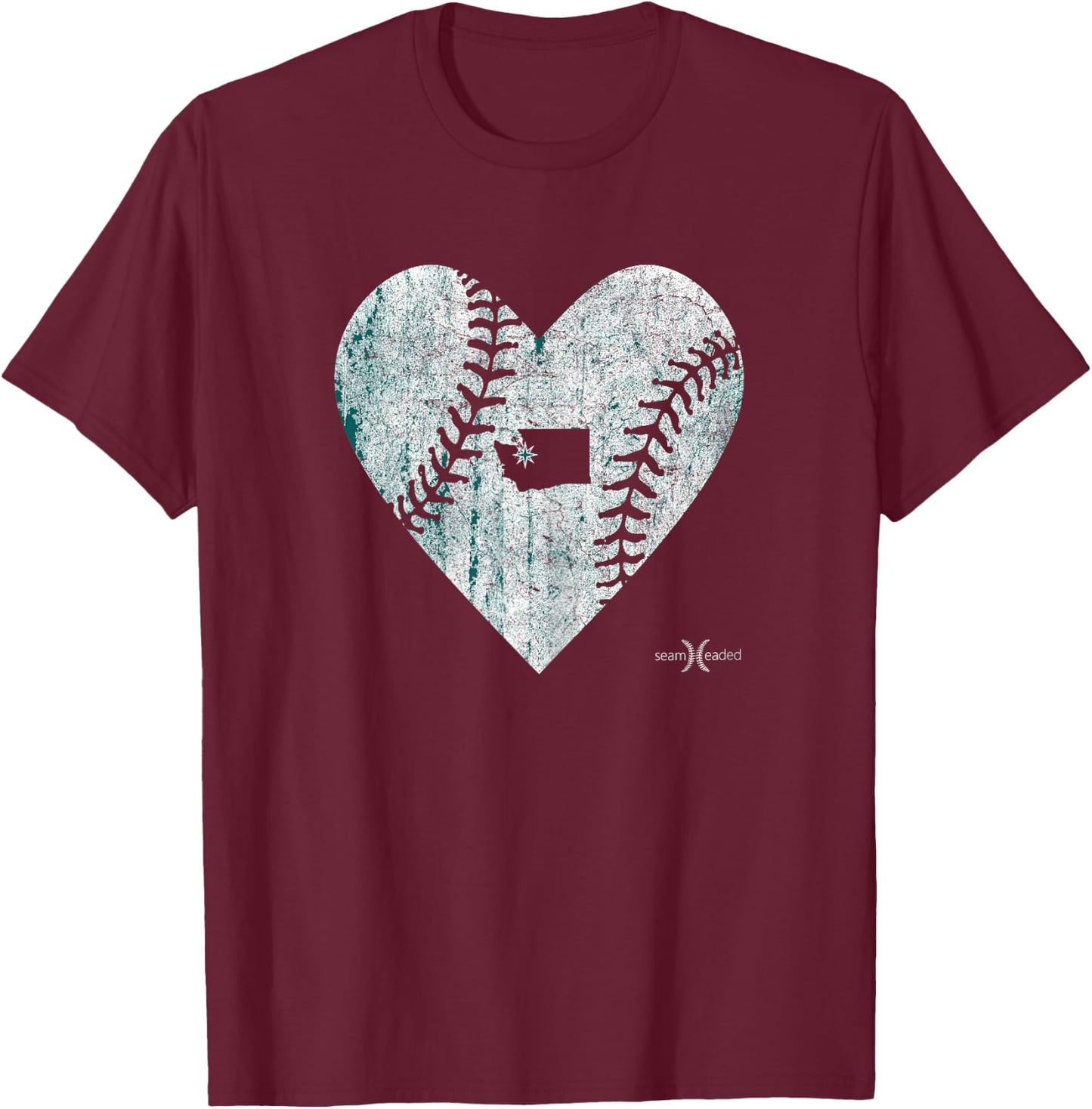 Vintage Seattle Baseball Heart T-Shirt - T-Shirt | Maroon