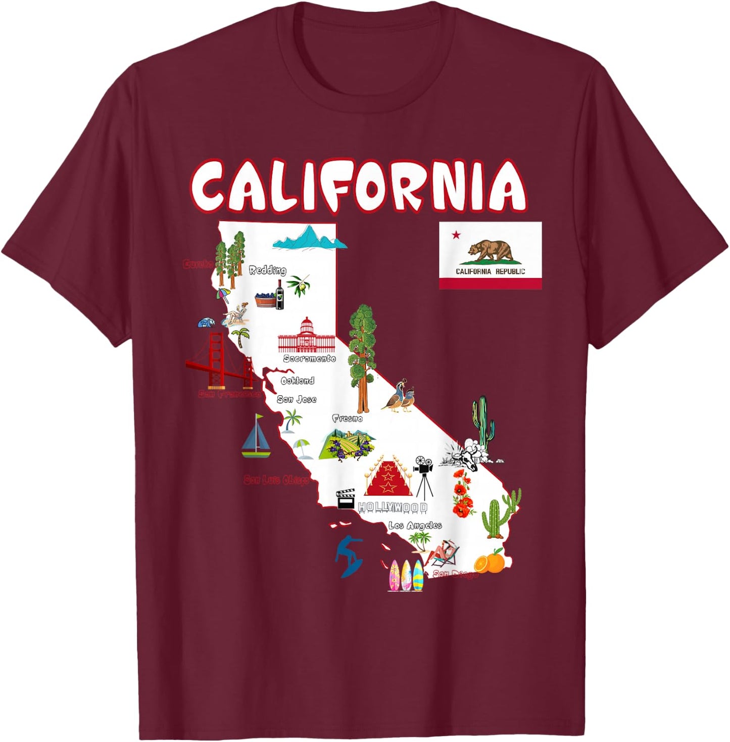 Map of California Landmarks, Major Cities, Flag T-Shirt - T-Shirt | Maroon