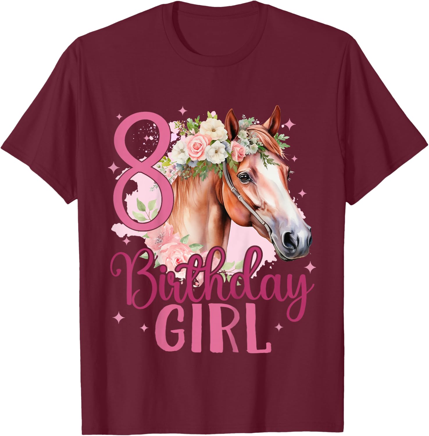 Kids 8th Birthday Horse 8 Years Eight Finally 8 Birthday Girl T-Shirt - T-Shirt | Maroon
