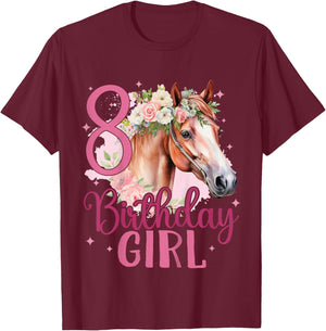 Kids 8th Birthday Horse 8 Years Eight Finally 8 Birthday Girl T-Shirt - T-Shirt | Maroon