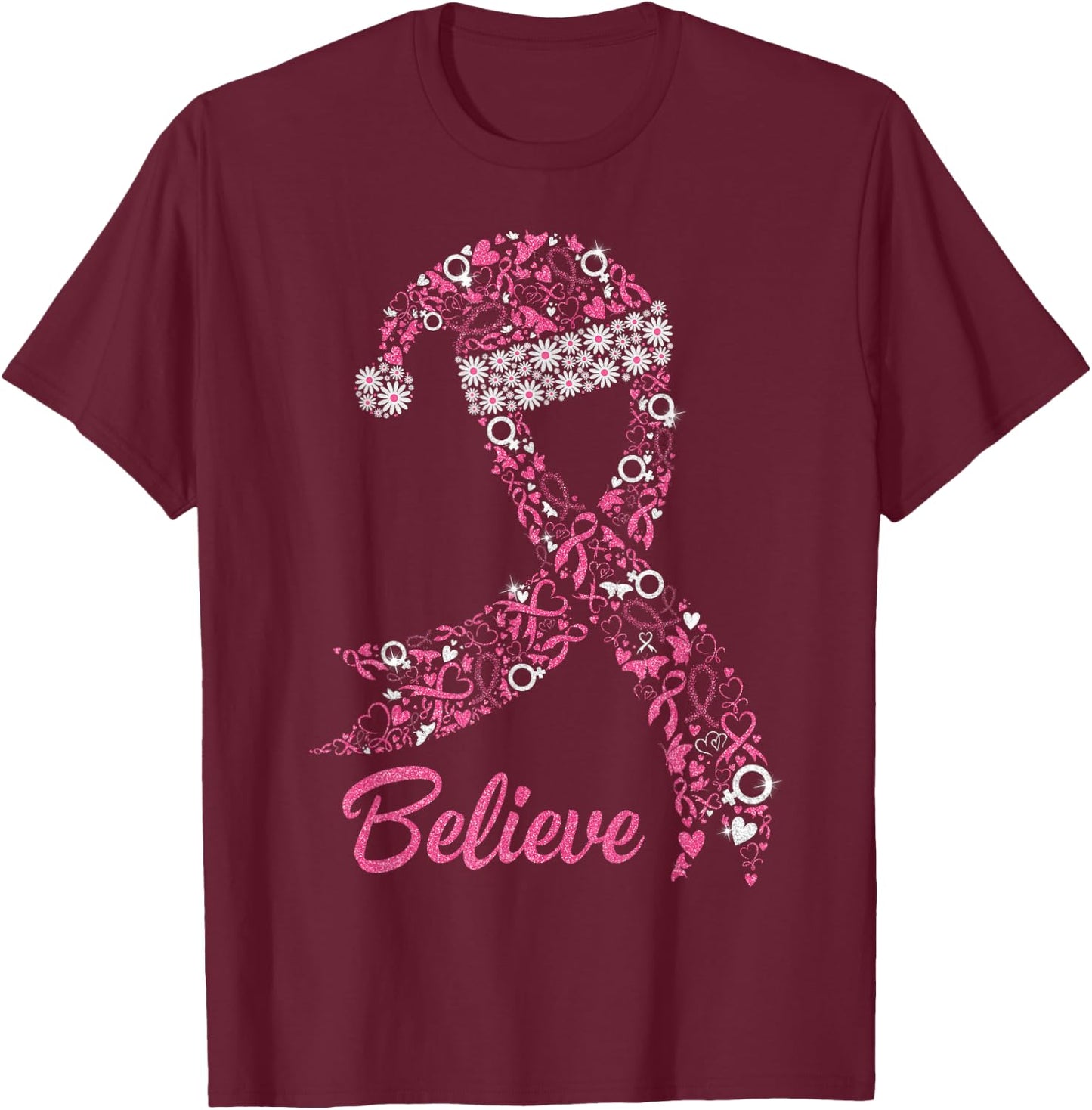 Pink Ribbon Santa Hat Breast Cancer Awareness Christmas Day T-Shirt - T-Shirt | Maroon
