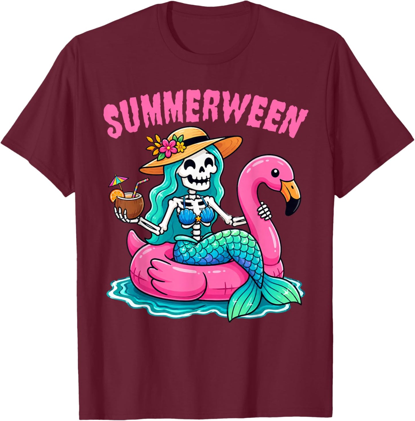 Summerween Skeleton Mermaid Beach Flamingo Halloween Girl T-Shirt - T-Shirt | Maroon