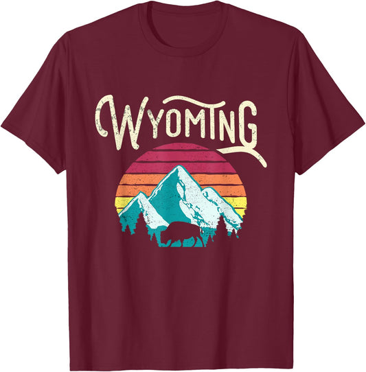 Retro Wyoming, WY Mountains State Wildlife T-Shirt - T-Shirt | Maroon