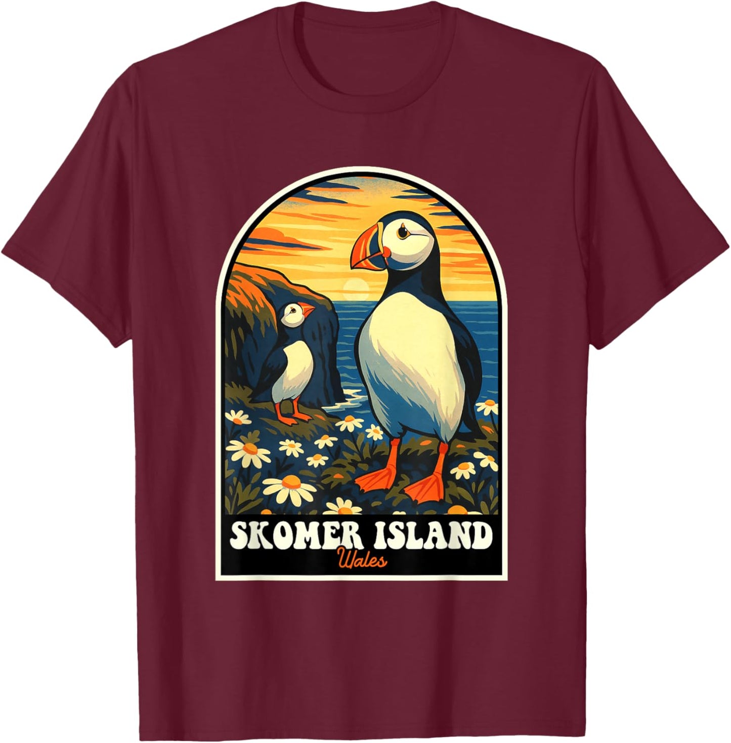 Skomer Island Puffins Vintage Wales Travel Design T-Shirt - T-Shirt | Maroon