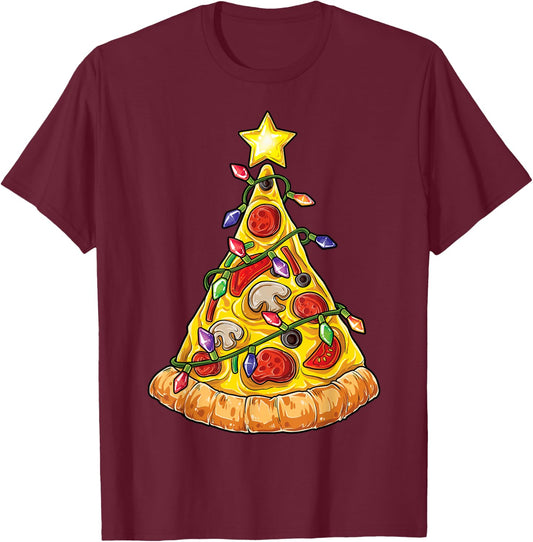 Pizza Christmas Tree Lights Xmas Boys Men Crustmas Pepperoni T-Shirt - T-Shirt | Maroon