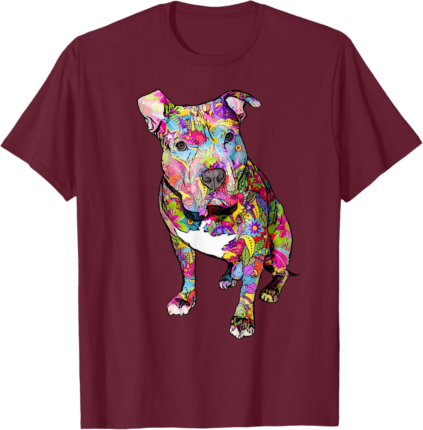 Pitbull Colorful Hippie Peace Sign Cute Pit Bull Lover Dog T-Shirt - T-Shirt | Maroon