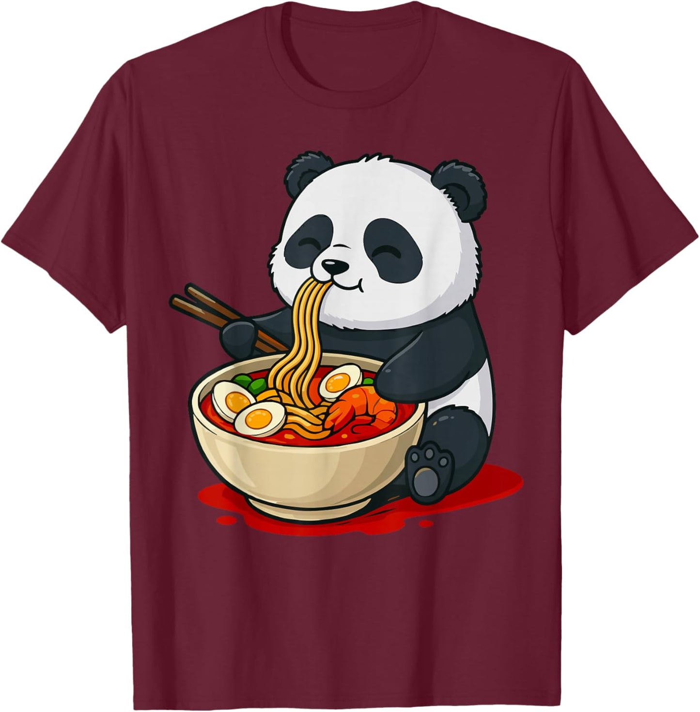Panda Eating Ramen Noodles T-Shirt - T-Shirt | Maroon