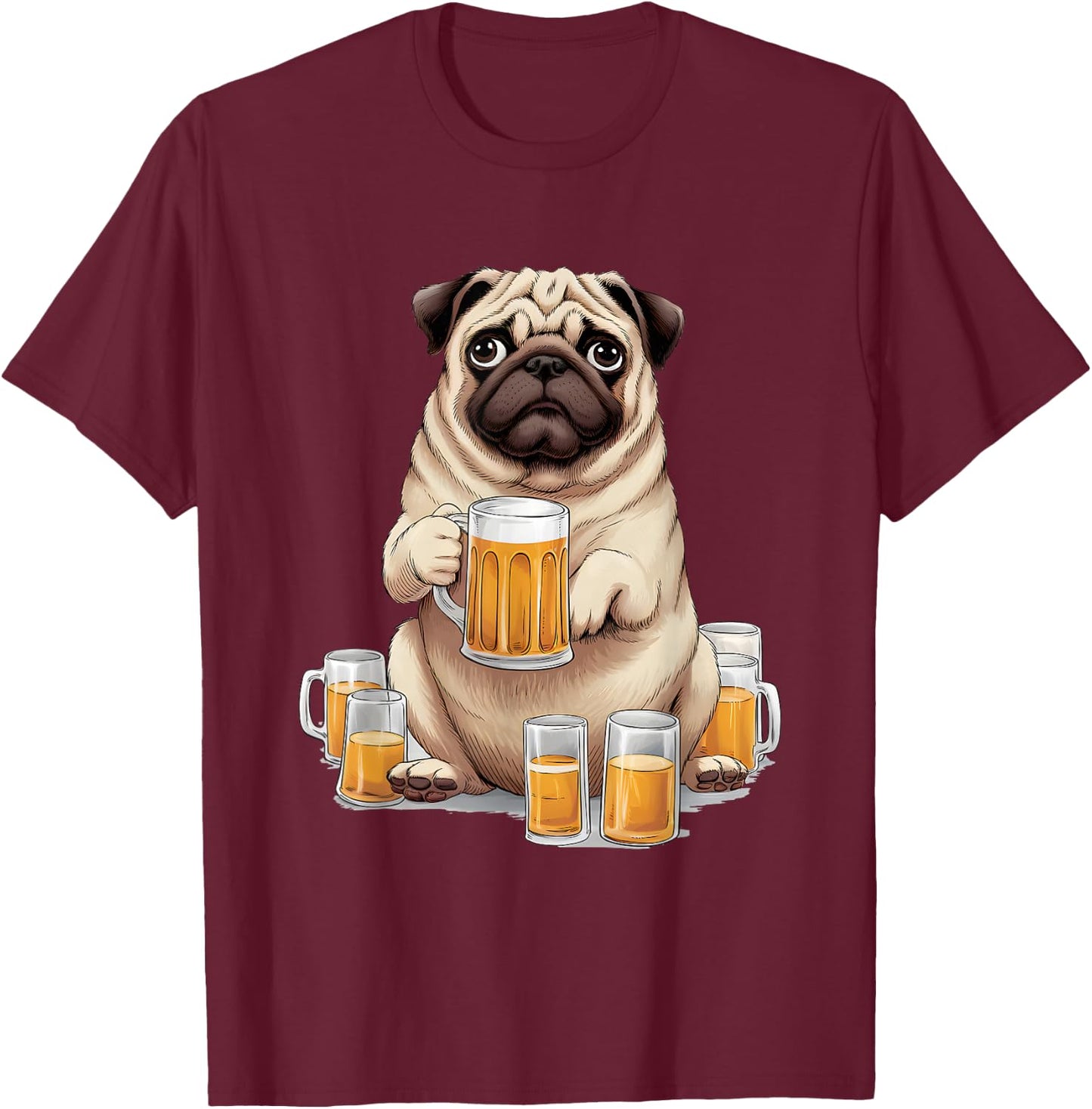 Pug Drinking Beer - Funny Beer Drinking Dog Lover Men Women T-Shirt - T-Shirt | Maroon