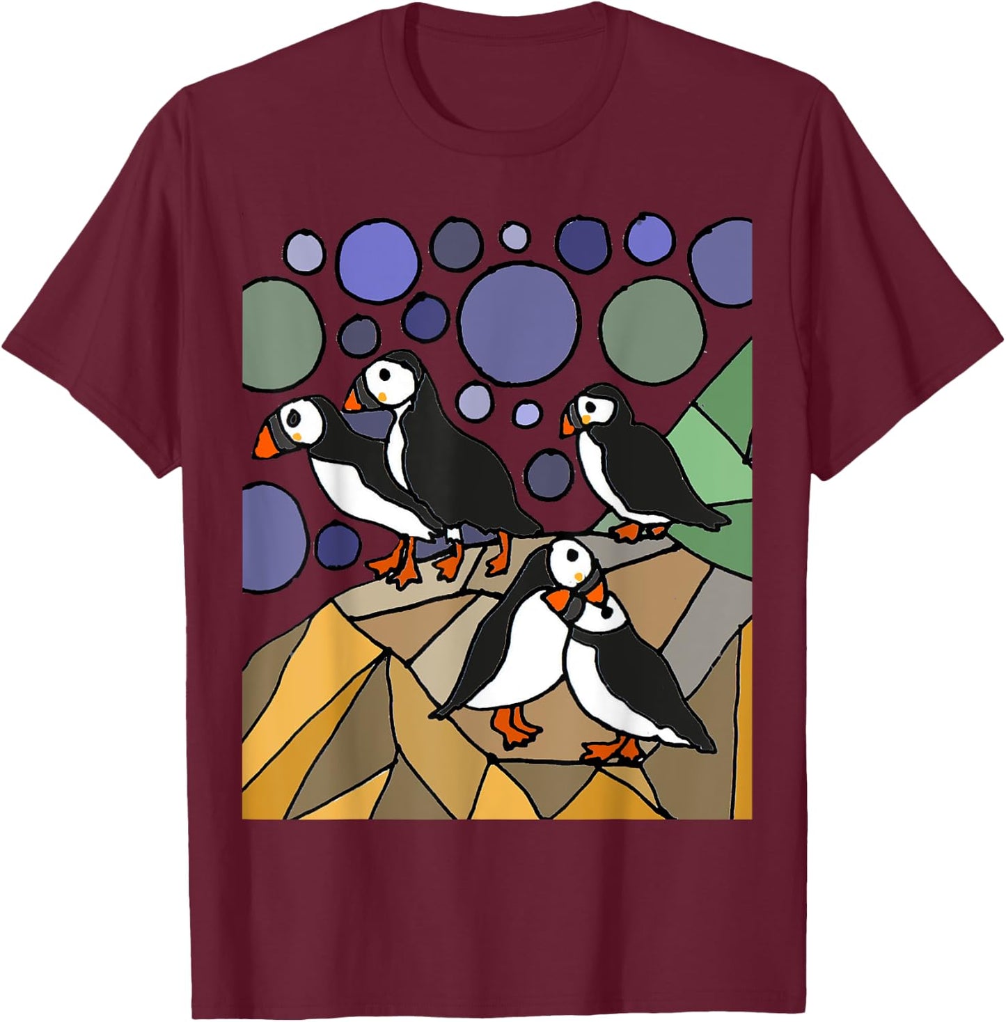 Smileteesbirdsa Funny Puffin Birds on Rocks Art T-Shirt - T-Shirt | Maroon