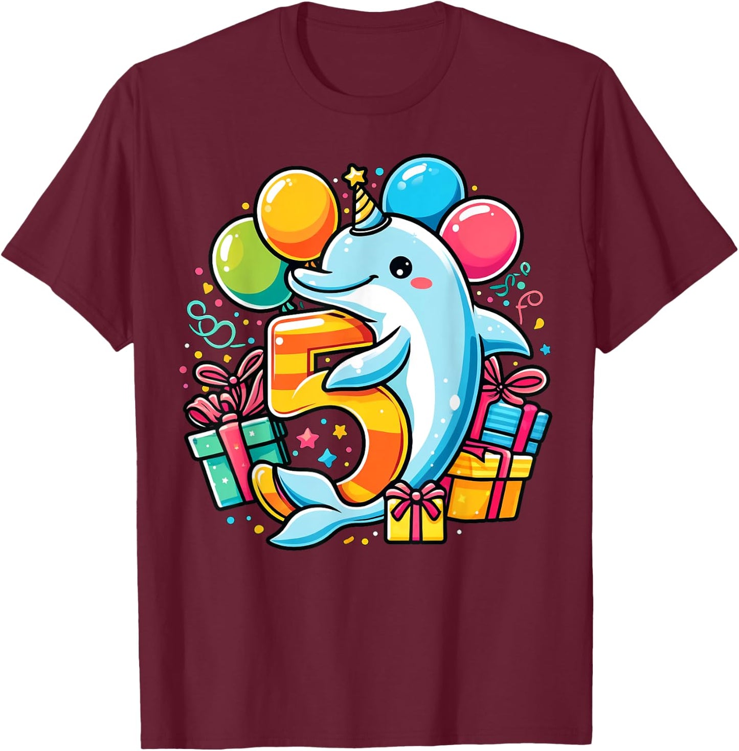 Kids Dolphin Theme fifth Bday Party 5th Dolphin Birthday T-Shirt - T-Shirt | Maroon