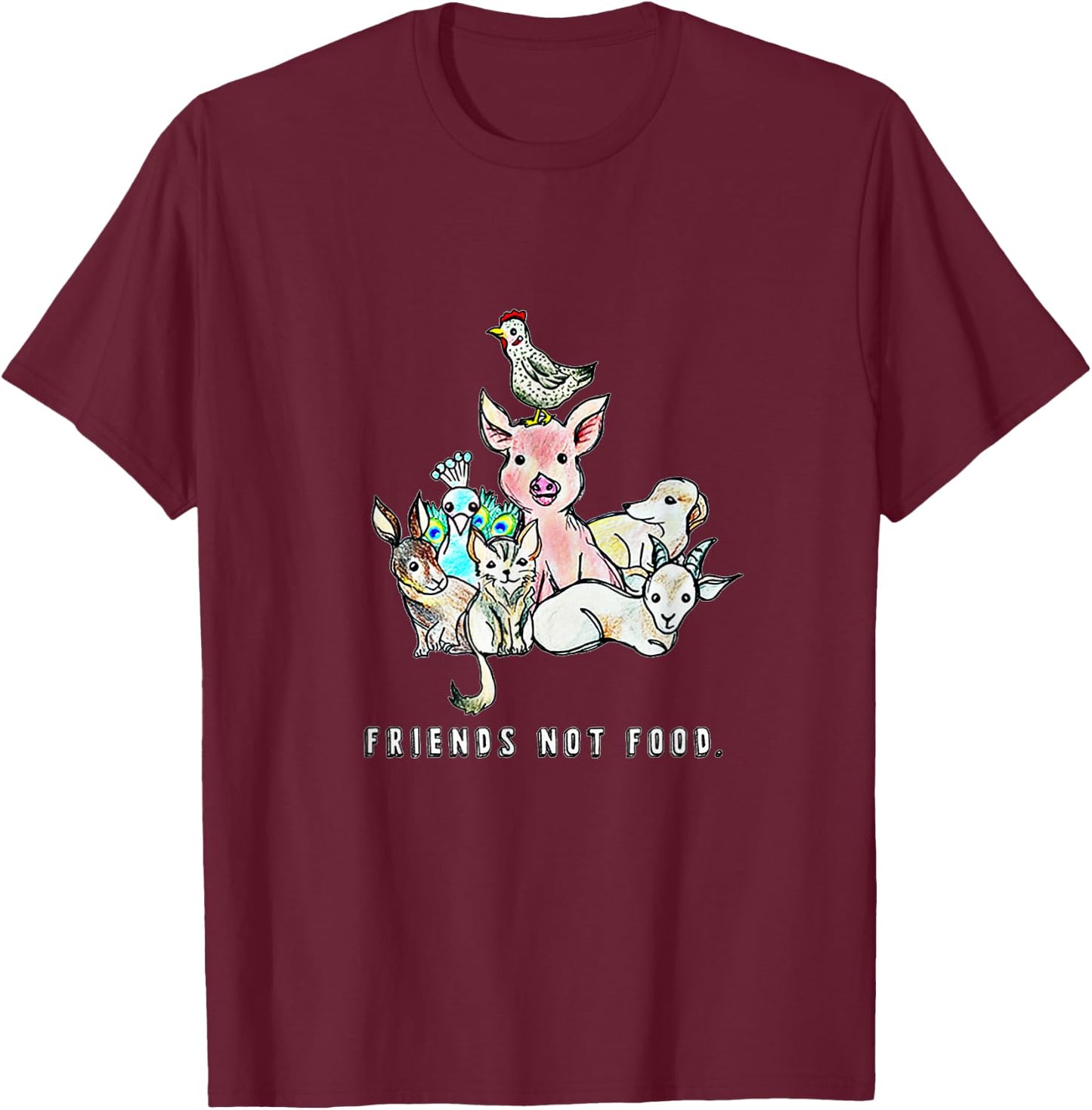 Animals are Friends not Food Pig Cow Sheep Vegan Vegetarian T-Shirt - T-Shirt | Maroon