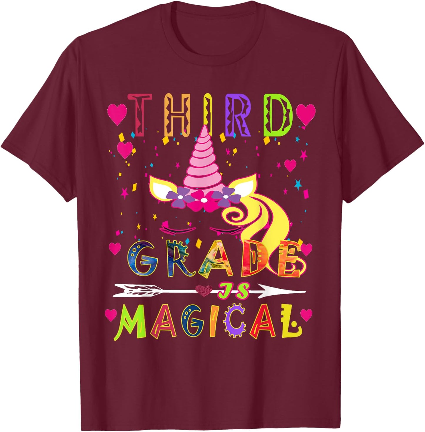 Unicorn Third Grade Is Magical Funny Back To School Teacher Men Women Girls Kids T-Shirt - T-Shirt | Maroon