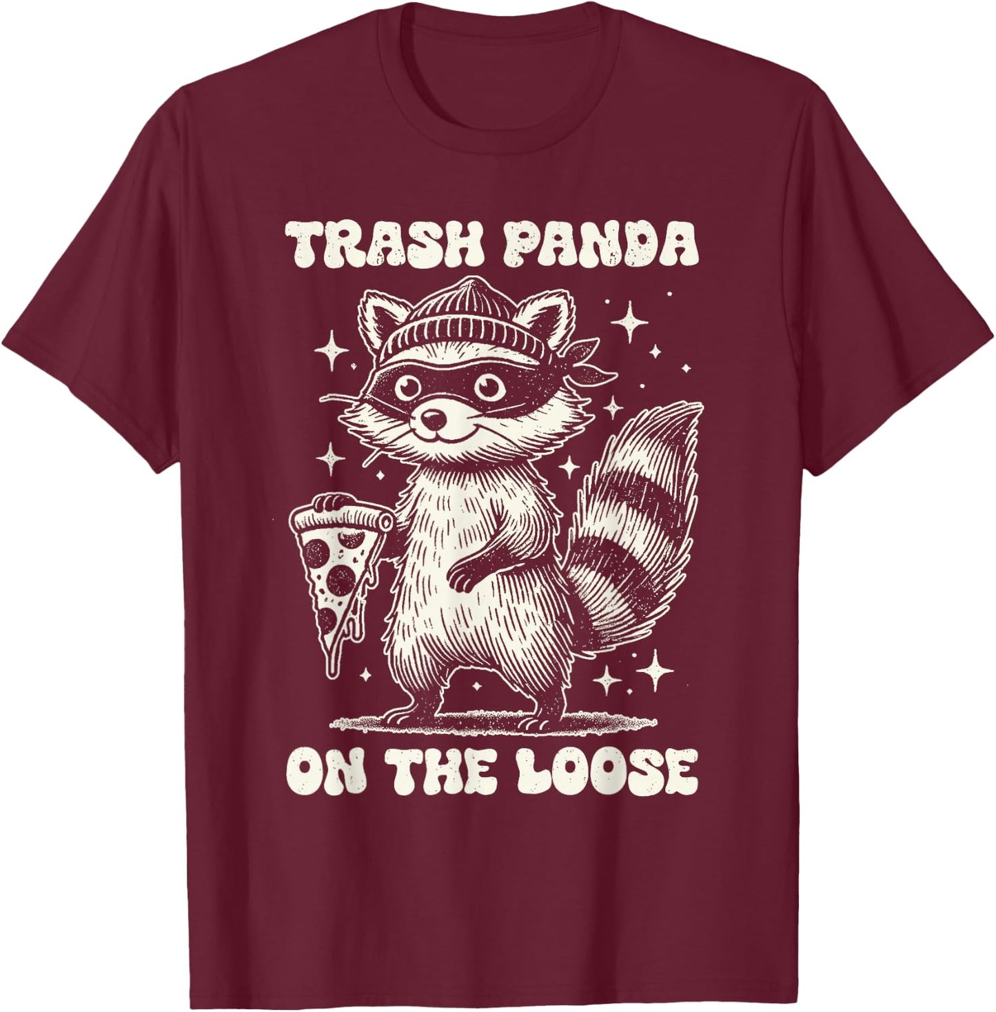 Adult Black Cartoon Trash Panda Pizza Lover T-Shirt - T-Shirt | Maroon