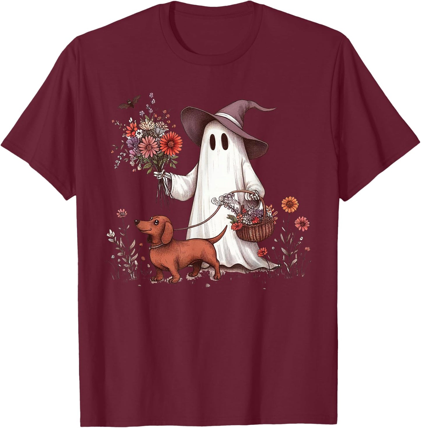 Ghost Walking Dachshund T-Shirt - T-Shirt | Maroon