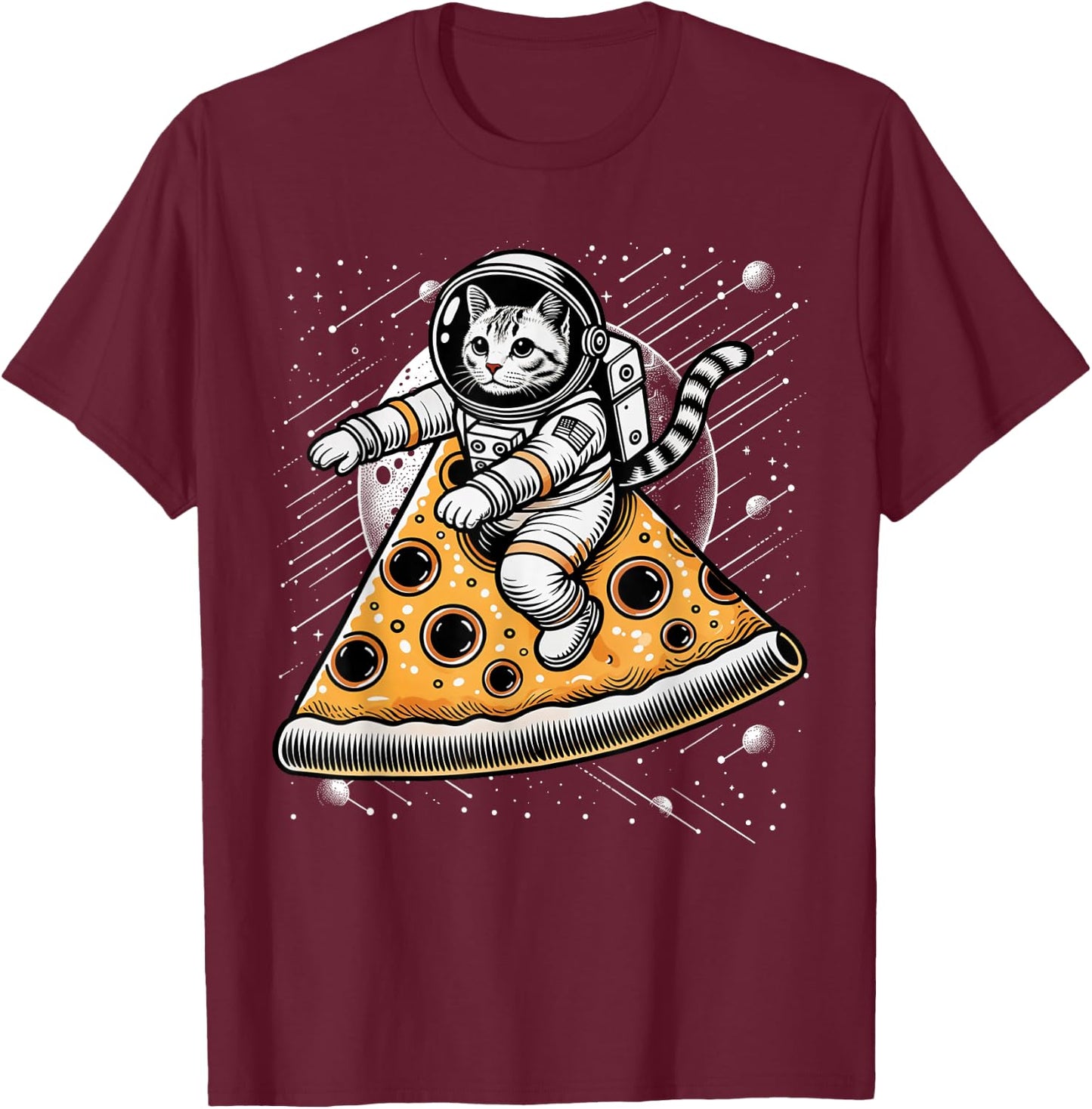 Funny Cat Flying A Pizza Astronaut Kitten Space T-Shirt - T-Shirt | Maroon