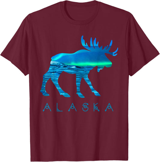 Alaskan Moose with Aurora Borealis Snow Scene T Shirt T-Shirt - T-Shirt | Maroon