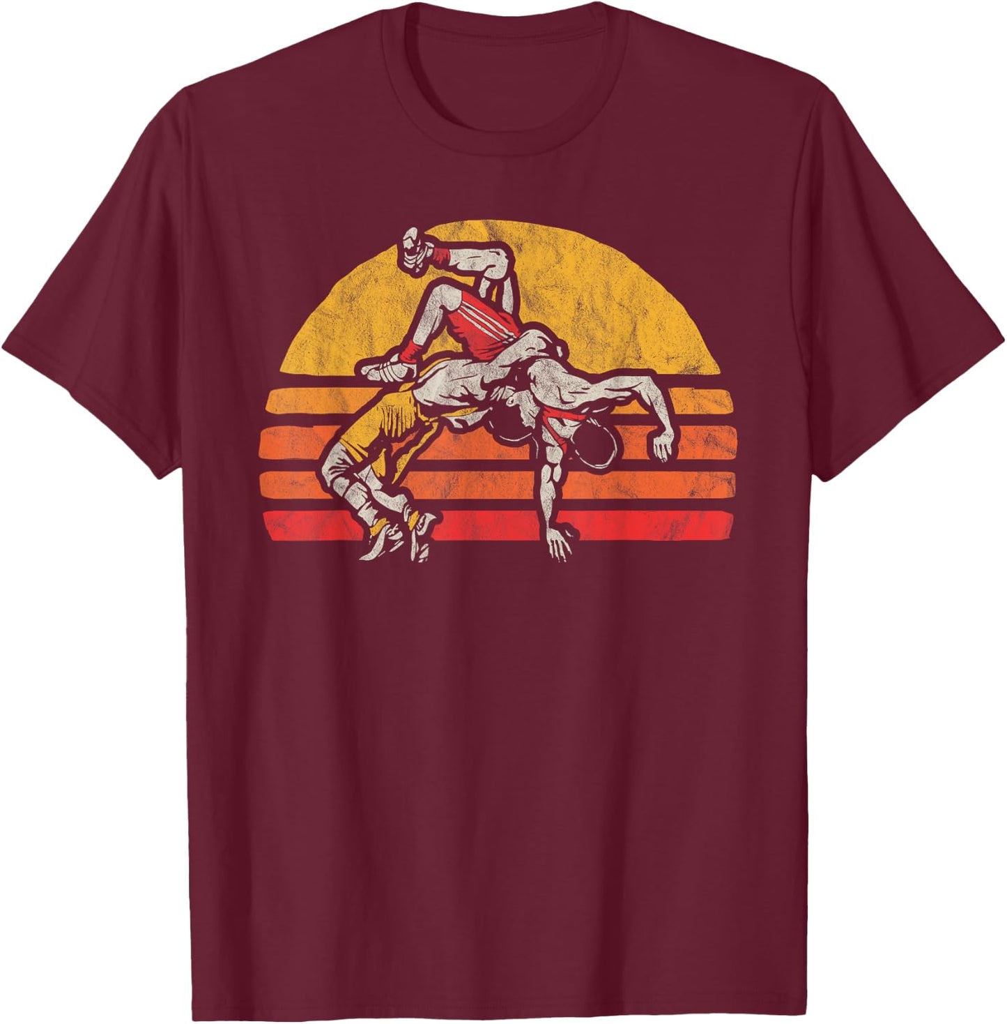 Vintage Wrestling Graphic Two Wrestlers and Sun T-Shirt - T-Shirt | Maroon