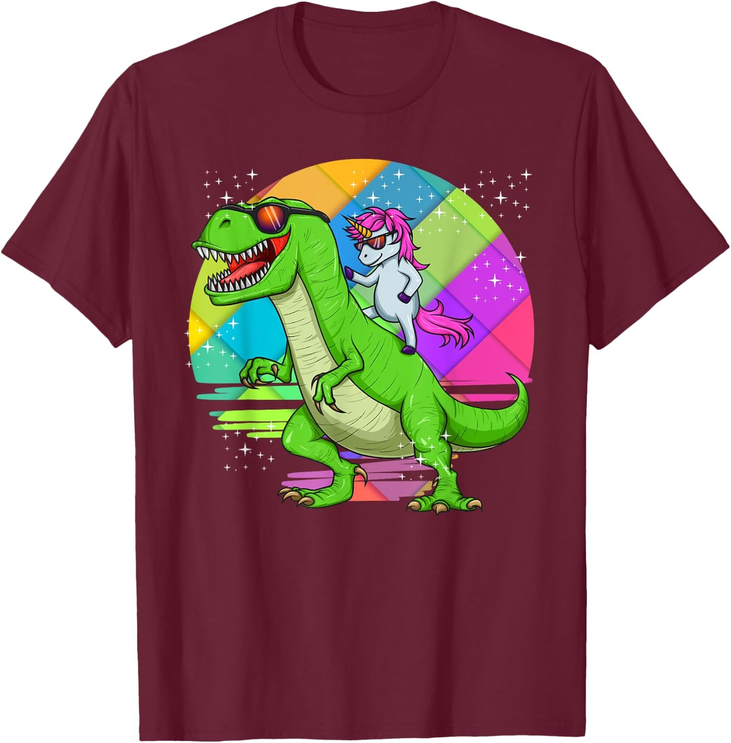 Unicorn Riding Dinosaur T Rex Rainbow Cute Fun Gift T-Shirt - T-Shirt | Maroon