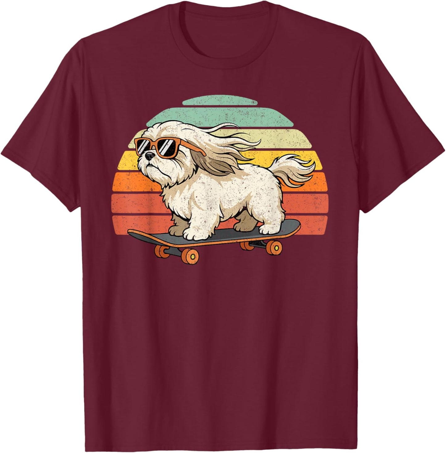 Cool Shih Tzu Dog Skateboard Retro Sunset Vintage Style T-Shirt - T-Shirt | Maroon