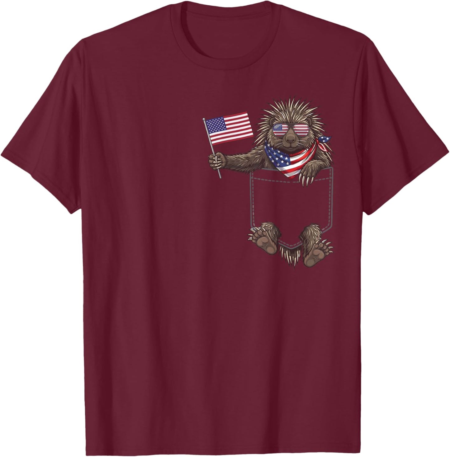 Porcupine Pocket Patriotic American Flag 4th of July USA T-Shirt - T-Shirt | Maroon
