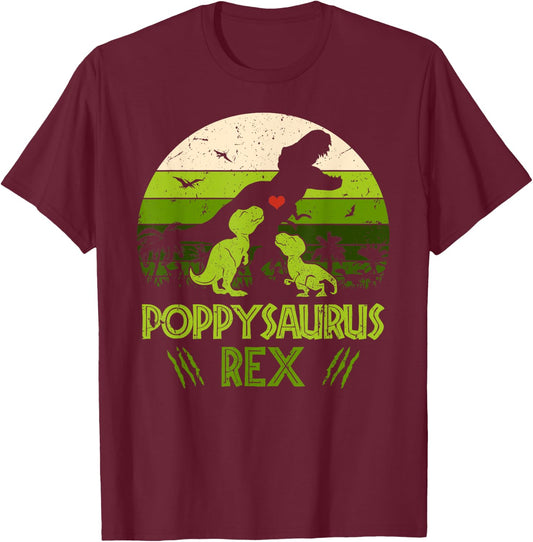 Poppysaurus Rex 2 Kids Sunset For Fathers Day Gift T-Shirt - T-Shirt | Maroon