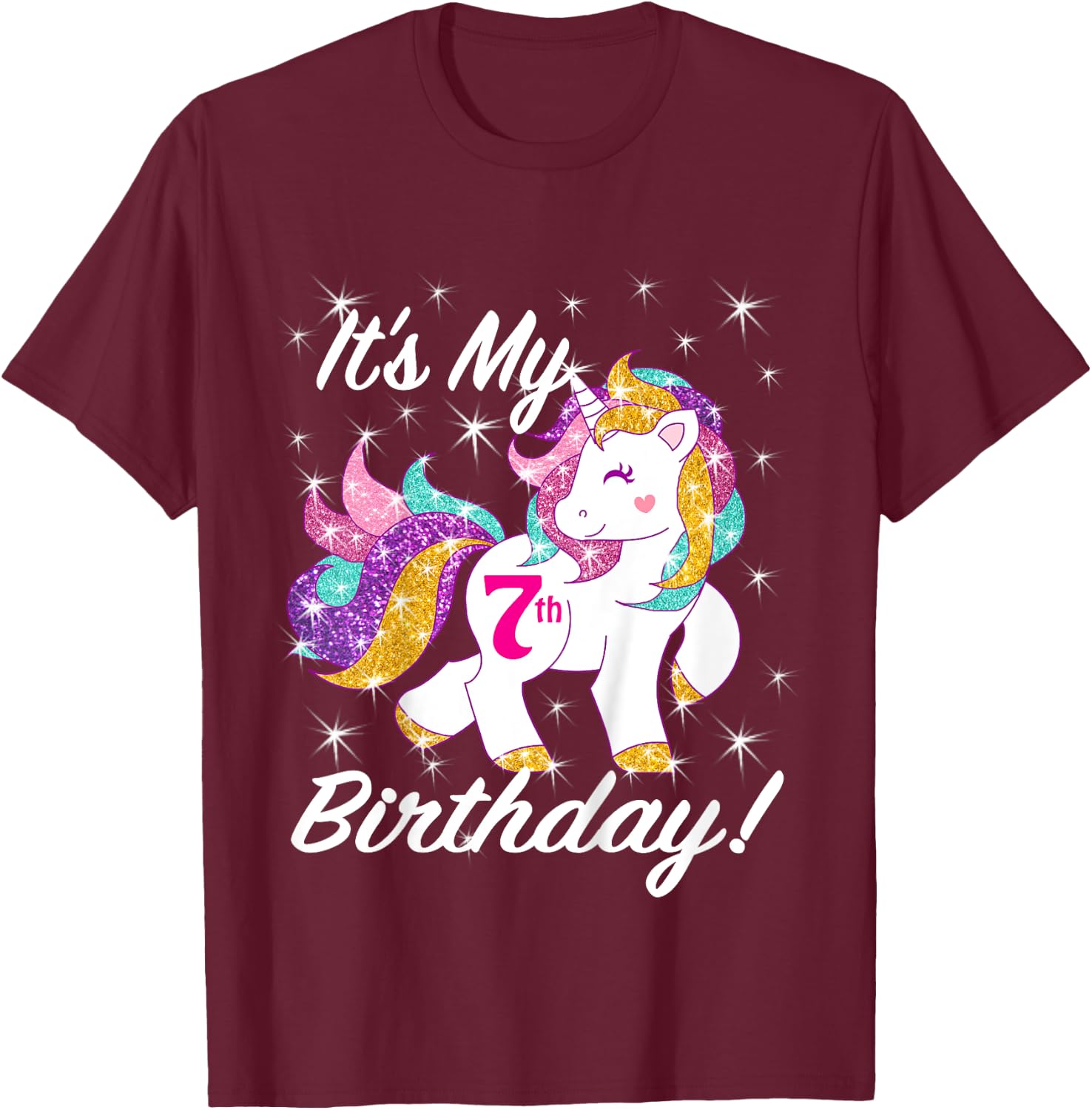 It's My 7th (7 Year Old) Birthday Shirt Girl Unicorn Outfit T-Shirt - T-Shirt | Maroon