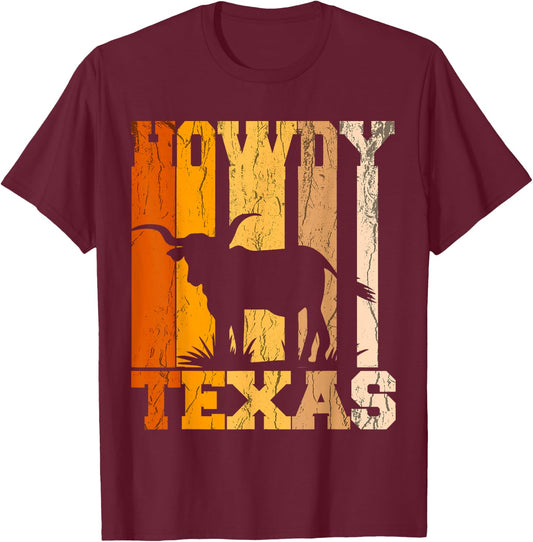 Howdy from Texas with Longhorn - Distressed Western T-Shirt - T-Shirt | Maroon