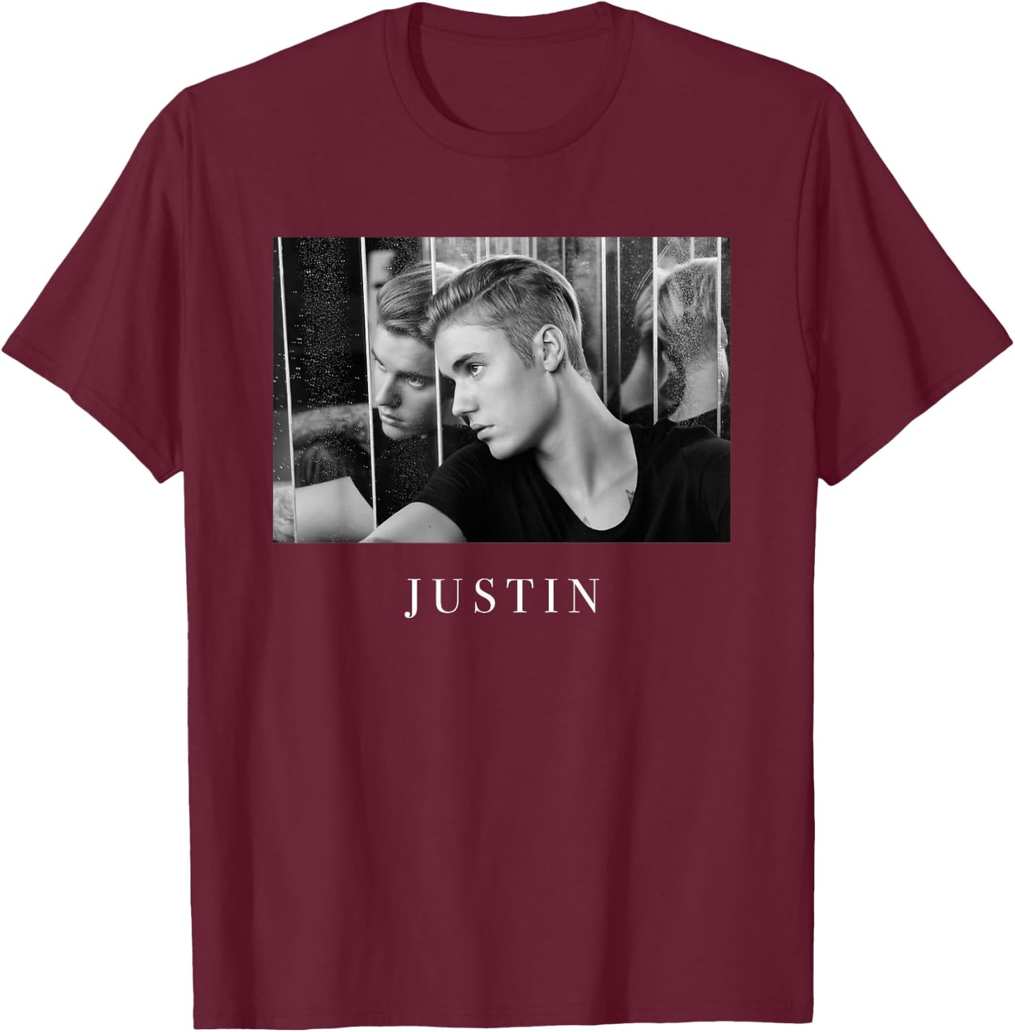 Official Justin Bieber Reflection Photo B&W T-Shirt - T-Shirt | Maroon