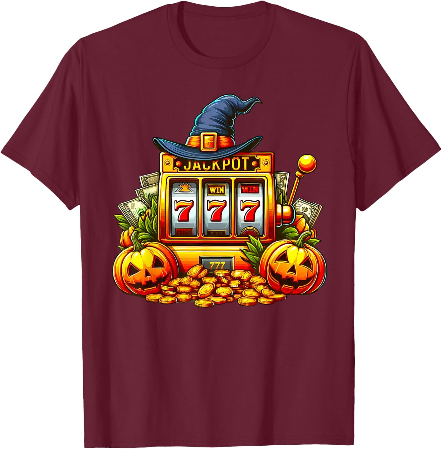 Halloween Slot Machine Casino Money Winner Pumpkins Jackpot T-Shirt - T-Shirt | Maroon