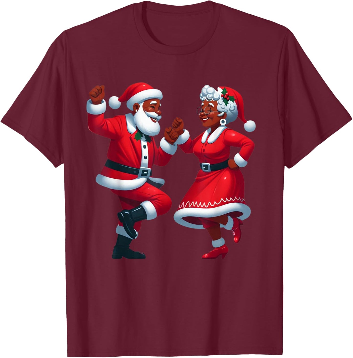 Christmas Dancing Black African American Santa Mrs Claus T-Shirt - T-Shirt | Maroon