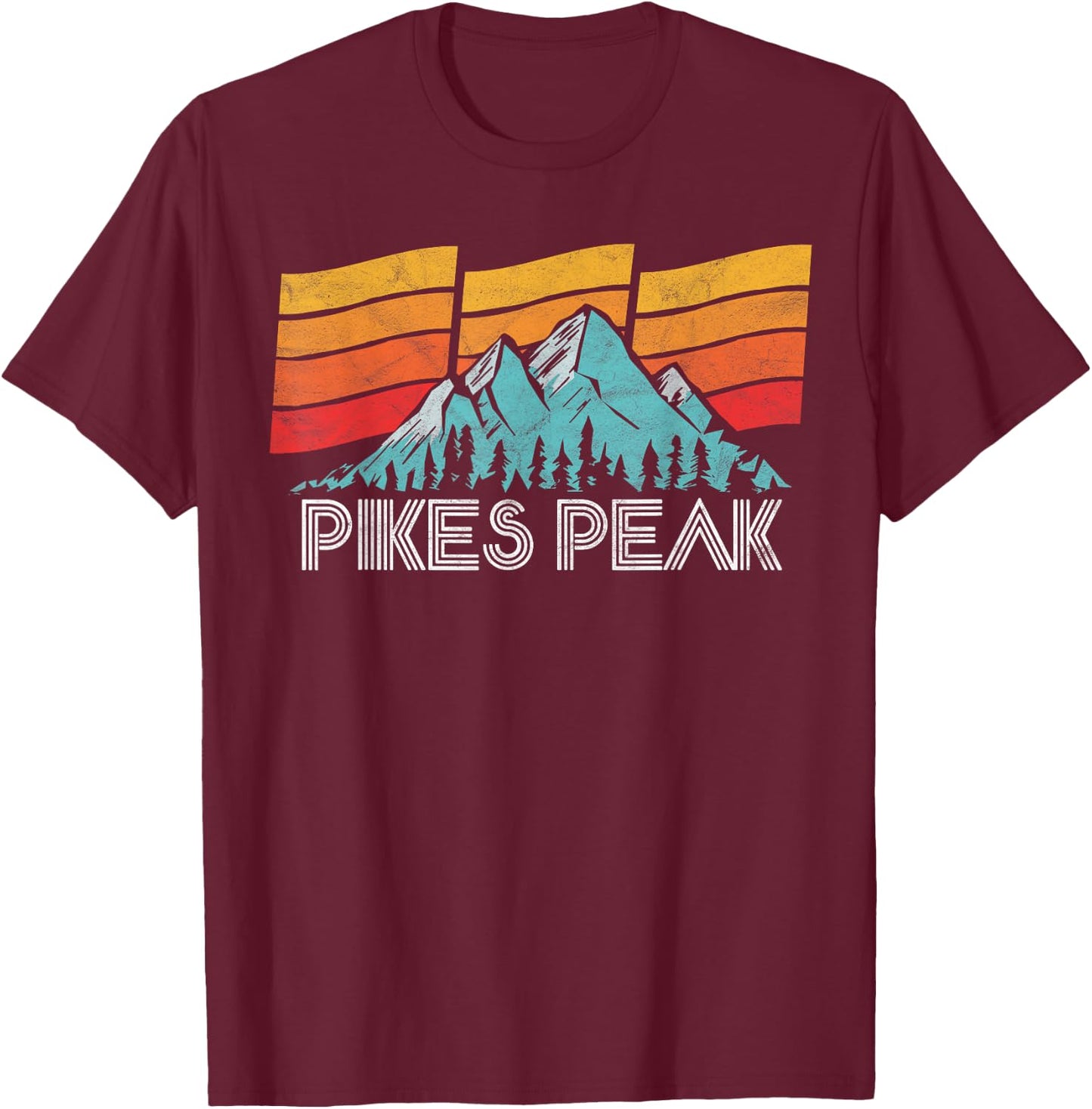 Pikes Peak Colorado Retro Sun, Sky & Mountains 80s Shirt T-Shirt - T-Shirt | Maroon