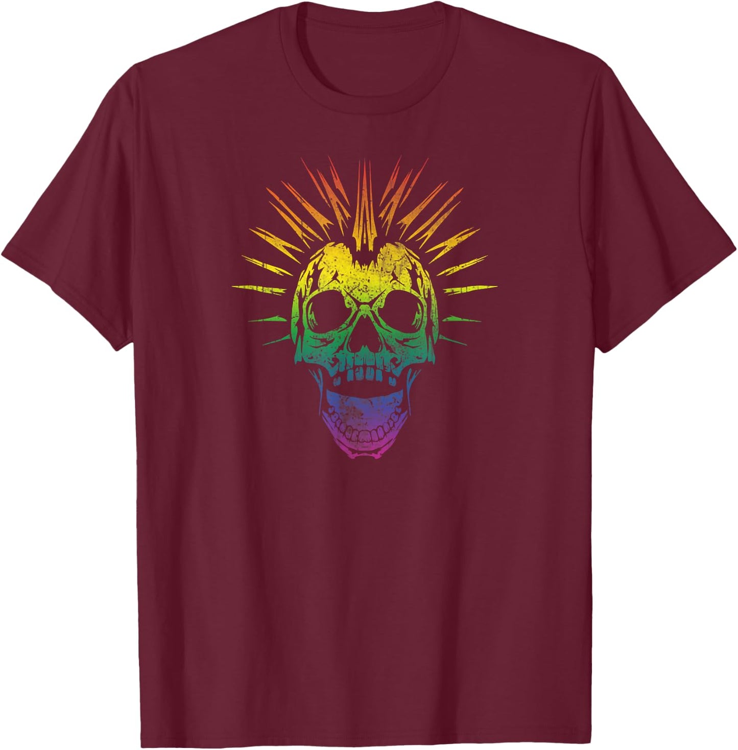 Alternative Gay Pride Rainbow Skull Mohawk T-Shirt - T-Shirt | Maroon