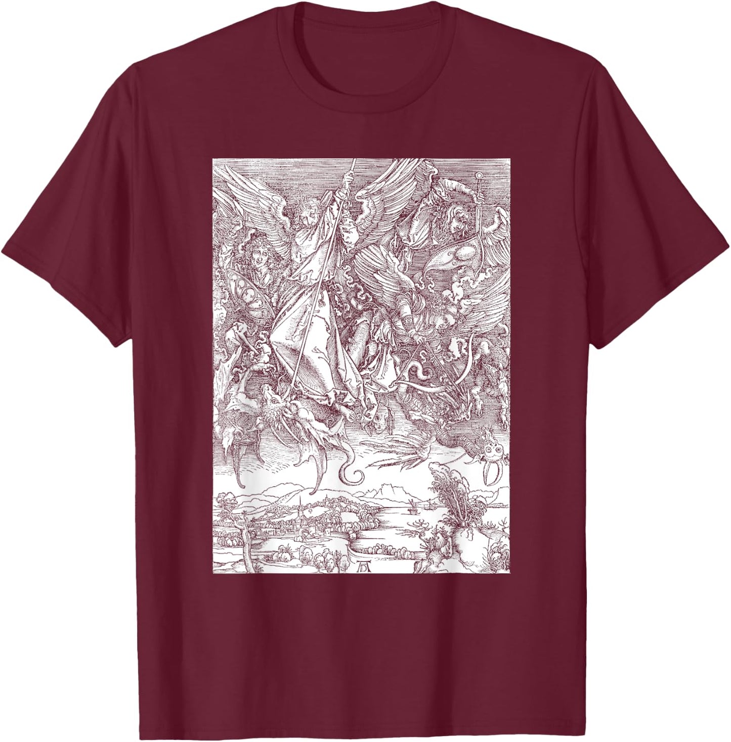Albrecht Durer, Michael Slaying the Dragon Engraving, Occult T-Shirt - T-Shirt | Maroon