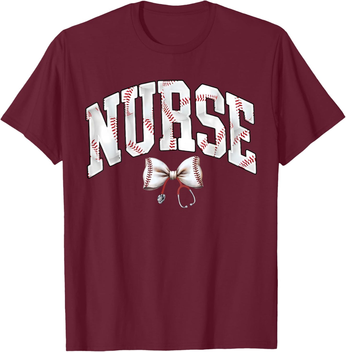Nurse Baseball Stethoscope Coquette Bow RN Nursing Baseball T-Shirt - T-Shirt | Maroon