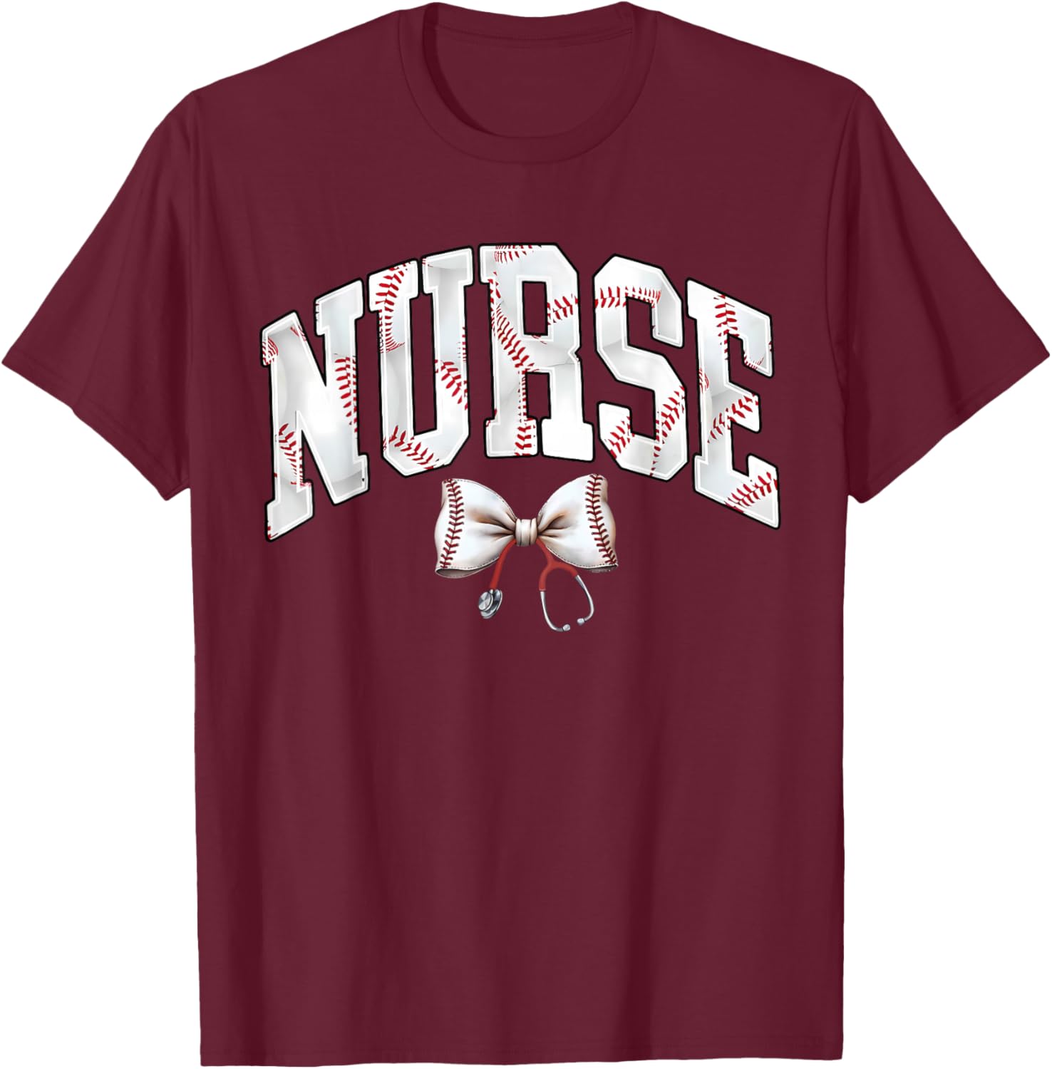 Nurse Baseball Stethoscope Coquette Bow RN Nursing Baseball T-Shirt - T-Shirt | Maroon