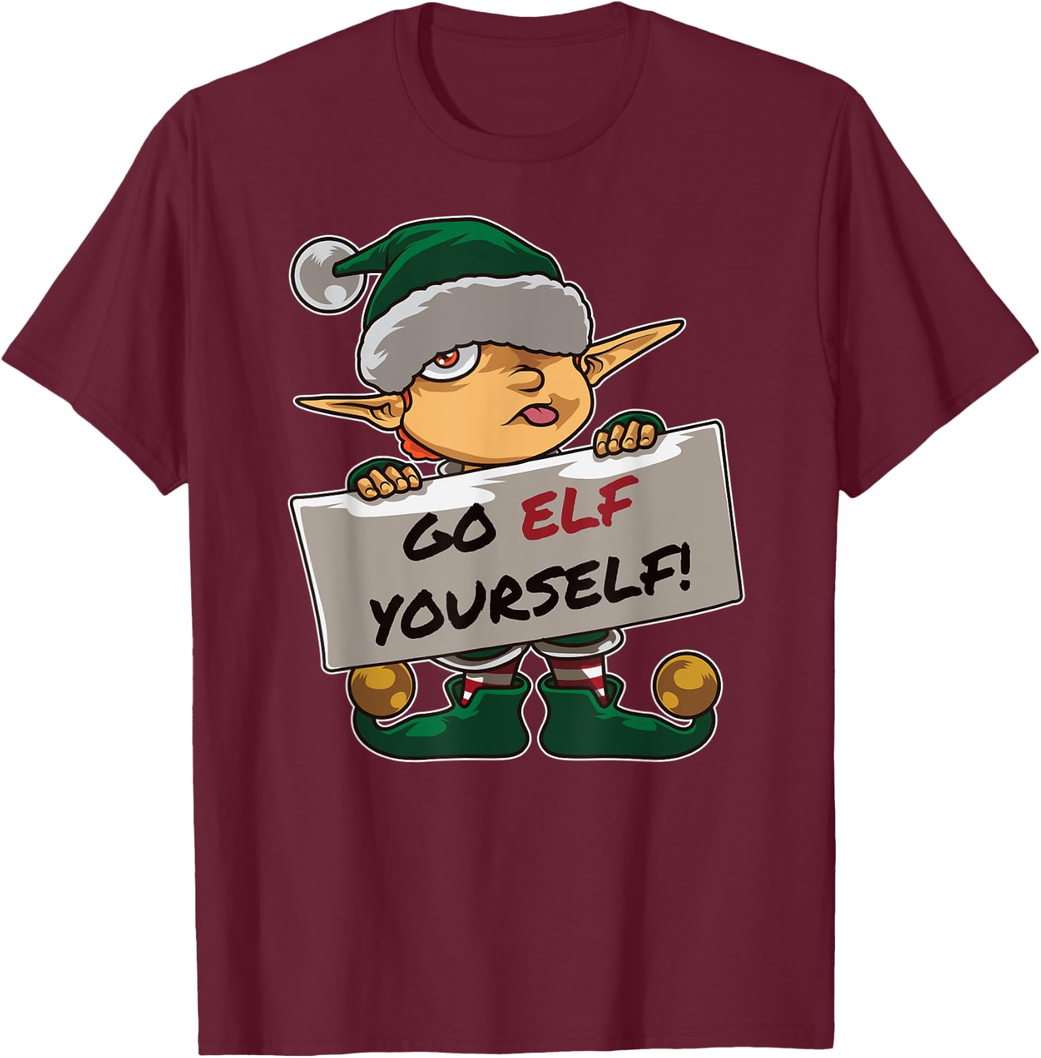 Christmas Bad Elf Dirty Pun "Go Elf Yourself" Provocative T-Shirt - T-Shirt | Maroon