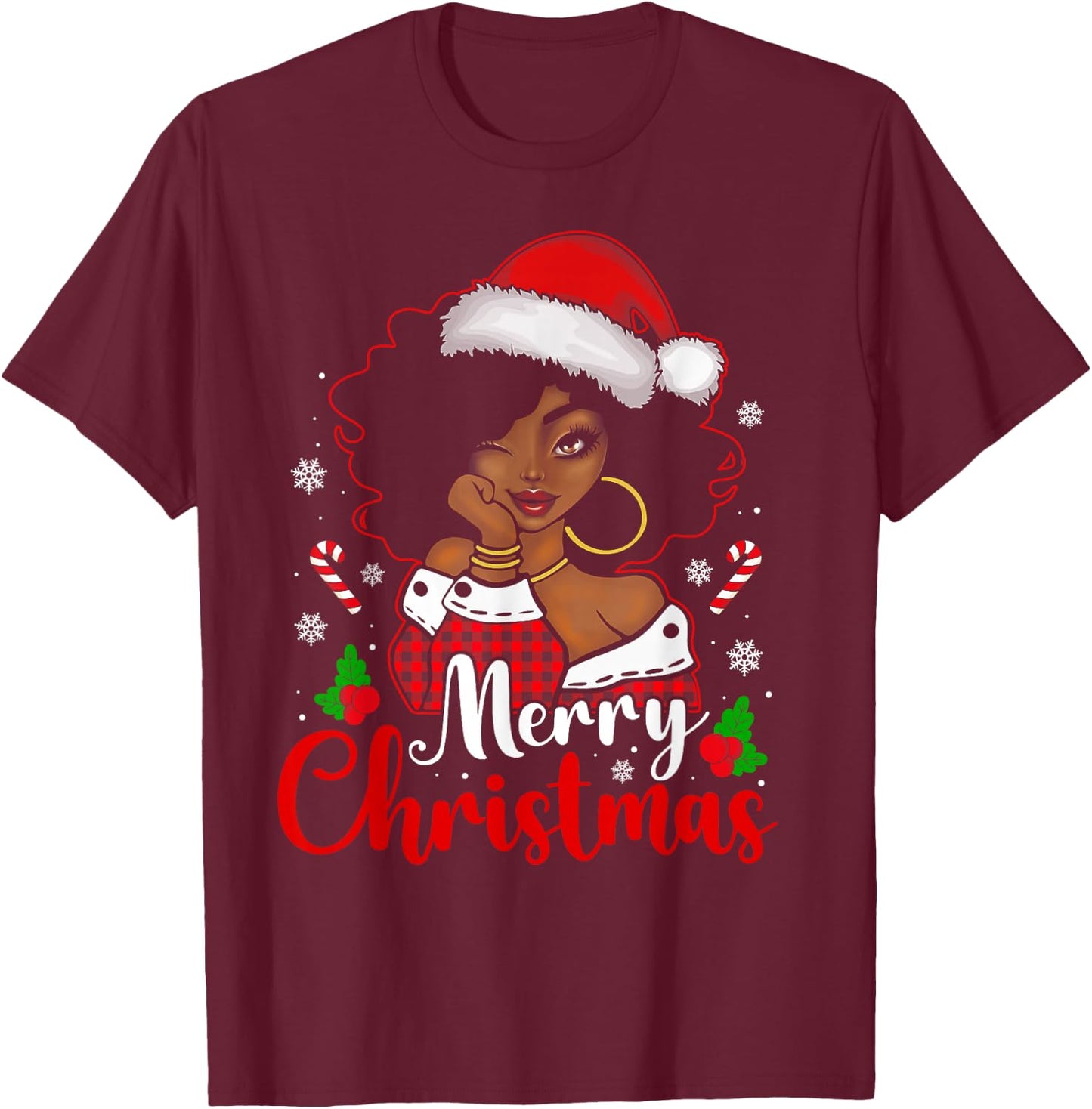 Merry Christmas Black African Girl Santa Hat Xmas Pajamas T-Shirt - T-Shirt | Maroon
