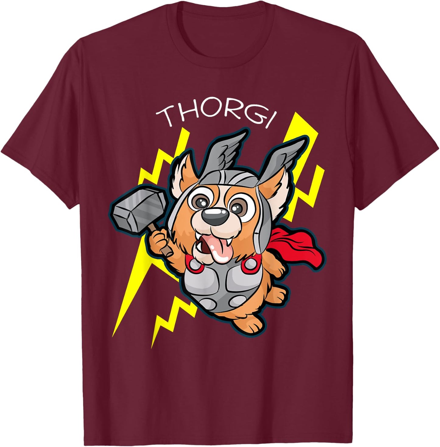 Thorgi | Corgi Thor Thunder Lightning Cartoon Gift T-Shirt - T-Shirt | Maroon