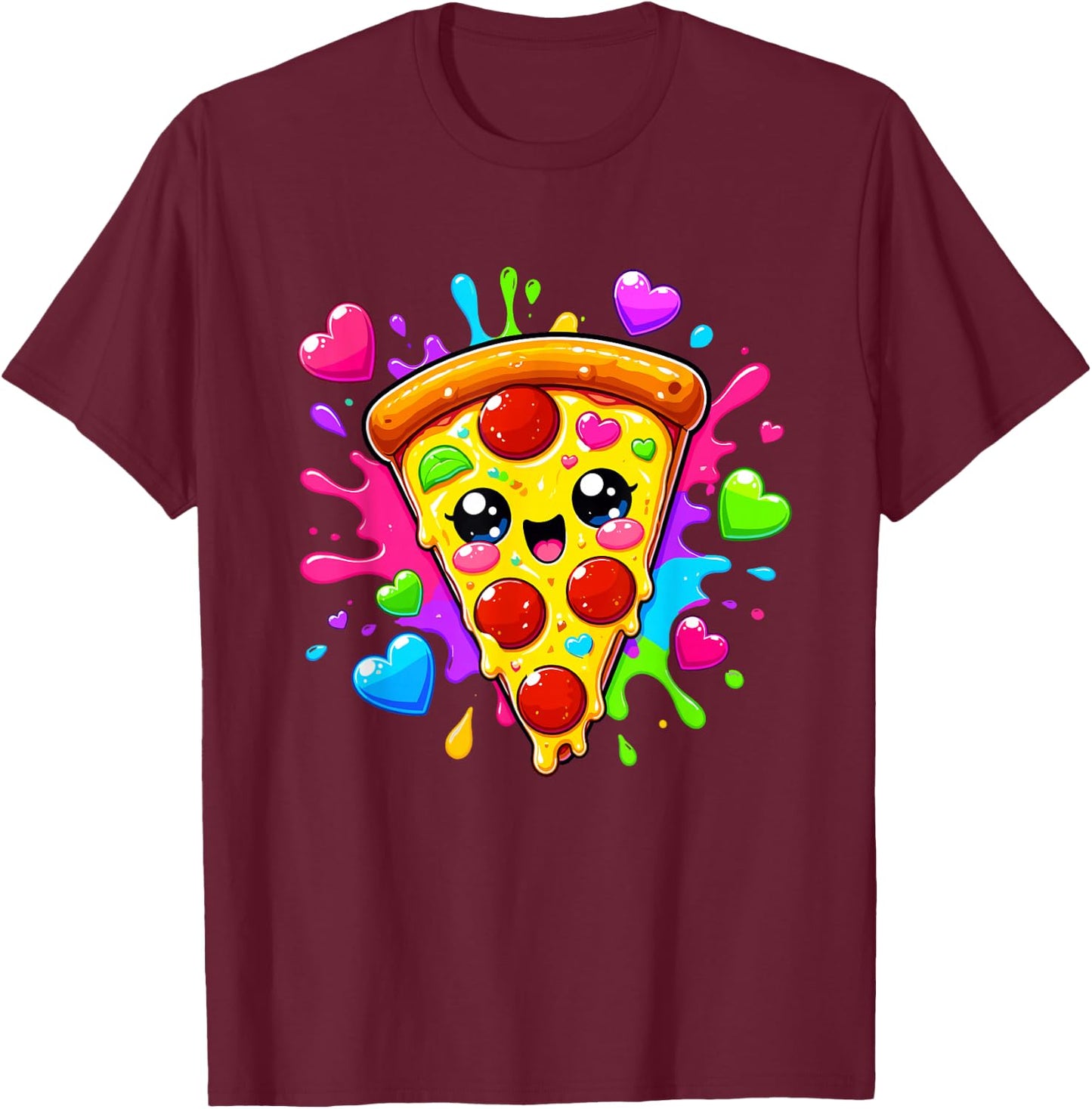 Cute Kawaii Pepperoni Pizza Slice Colorful Hearts T-Shirt - T-Shirt | Maroon