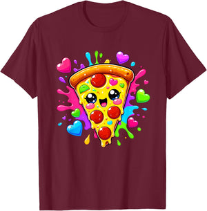 Cute Kawaii Pepperoni Pizza Slice Colorful Hearts T-Shirt - T-Shirt | Maroon