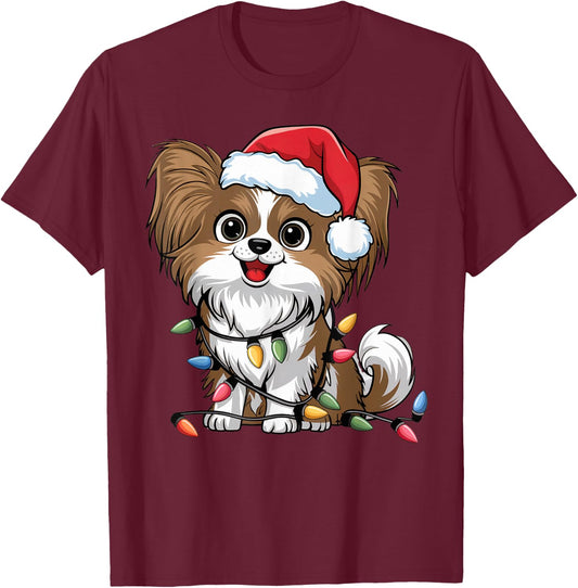 Papillon Christmas Lights Xmas Dogs Gifts Women Kids T-Shirt - T-Shirt | Maroon
