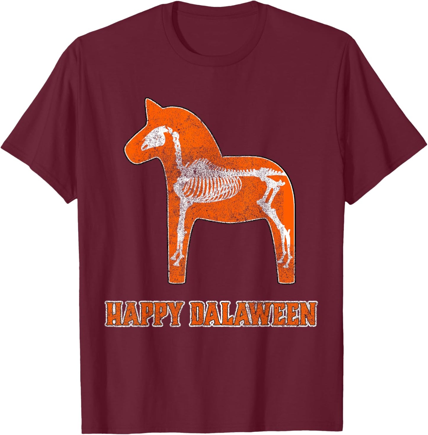 Swedish Halloween Happy Dalaween Scary Dala Horse Skeleton T-Shirt - T-Shirt | Maroon